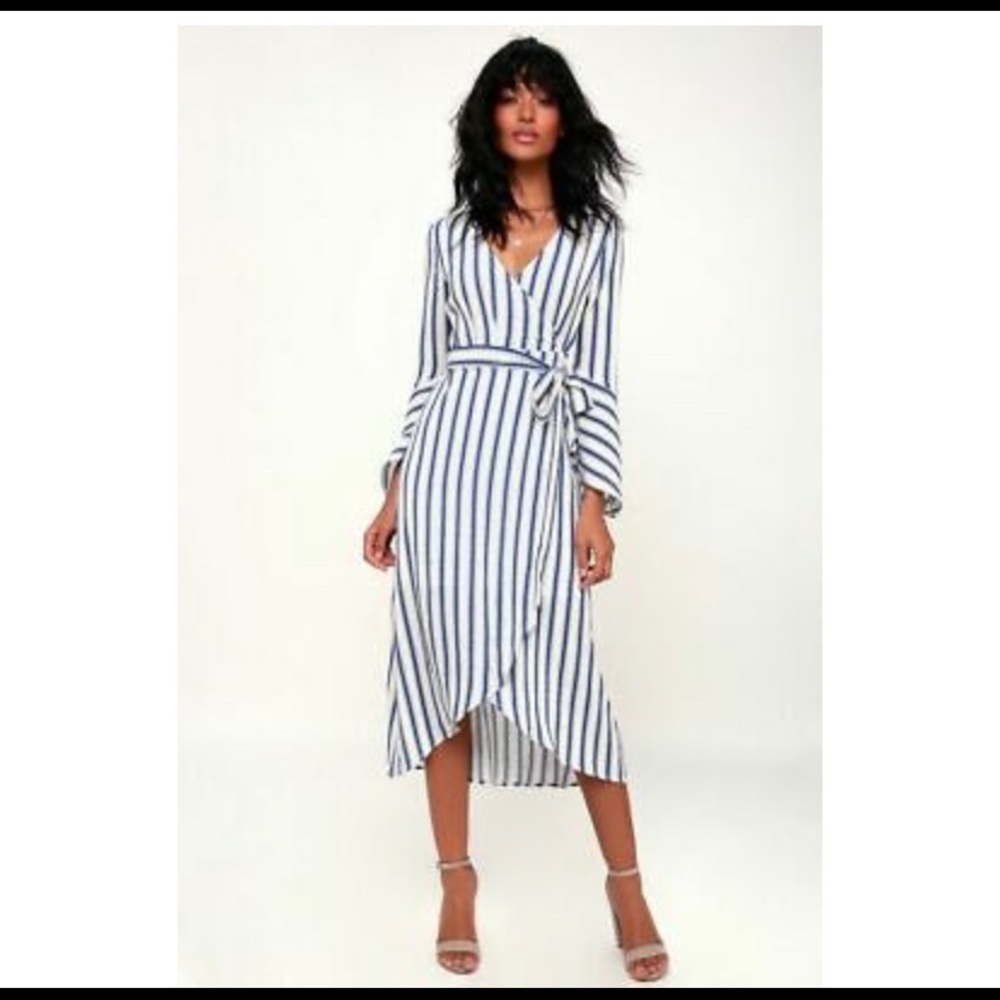 Lulu’s (Moon River) Midi Wrap Dress - blue and white; flounce sleeves